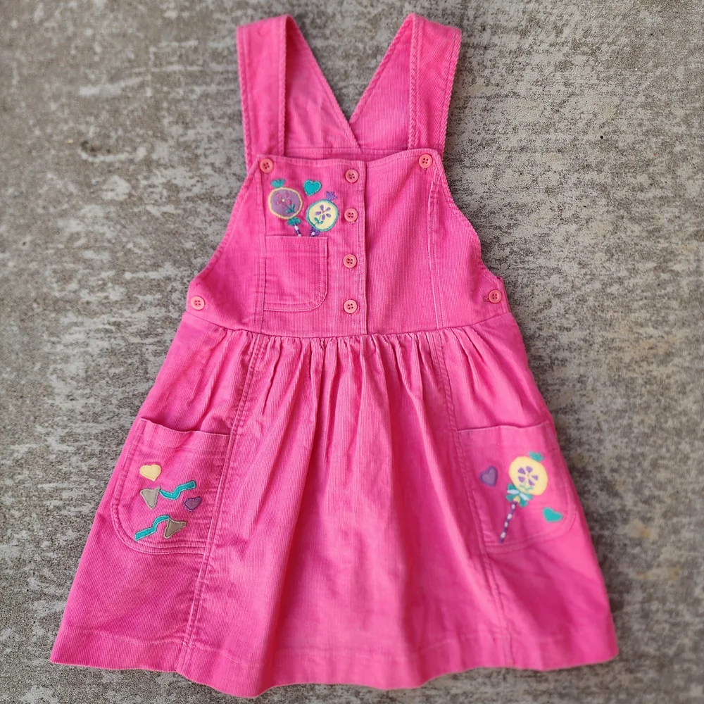 Vintage Joyeux Gamins Happy Kids Pink Corduroy Candy Embroided Dress,‎ Sz 6